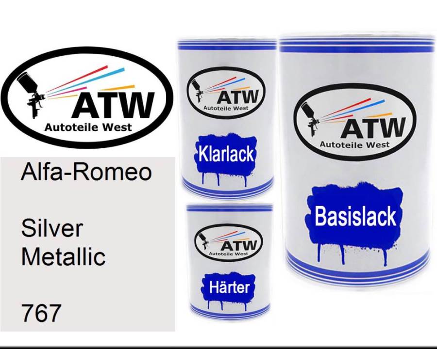 Alfa-Romeo, Silver Metallic, 767: 500ml Lackdose + 500ml Klarlack + 250ml Härter - Set, von ATW Autoteile West.